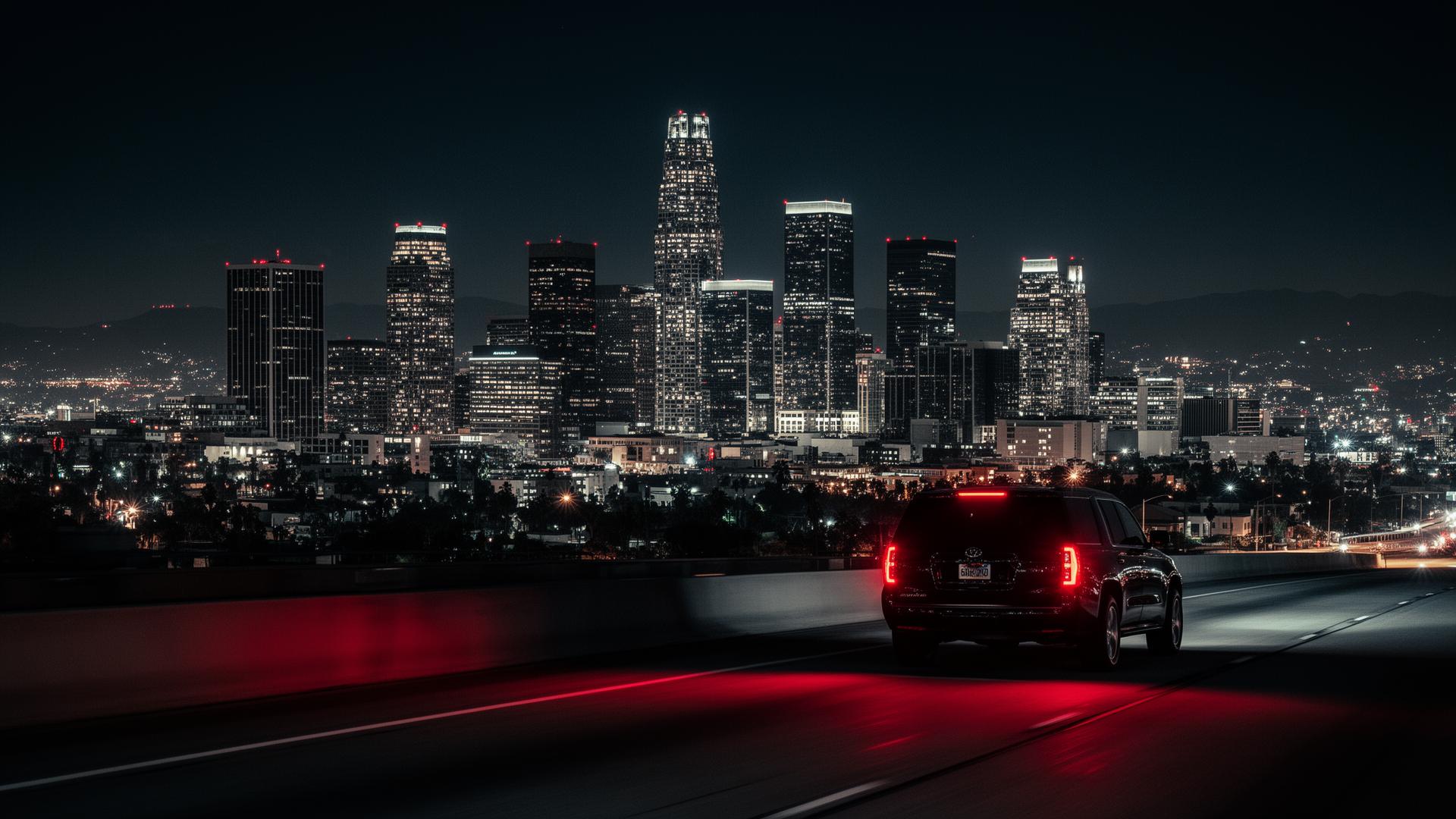 Los Angeles skyline at night with vehicle