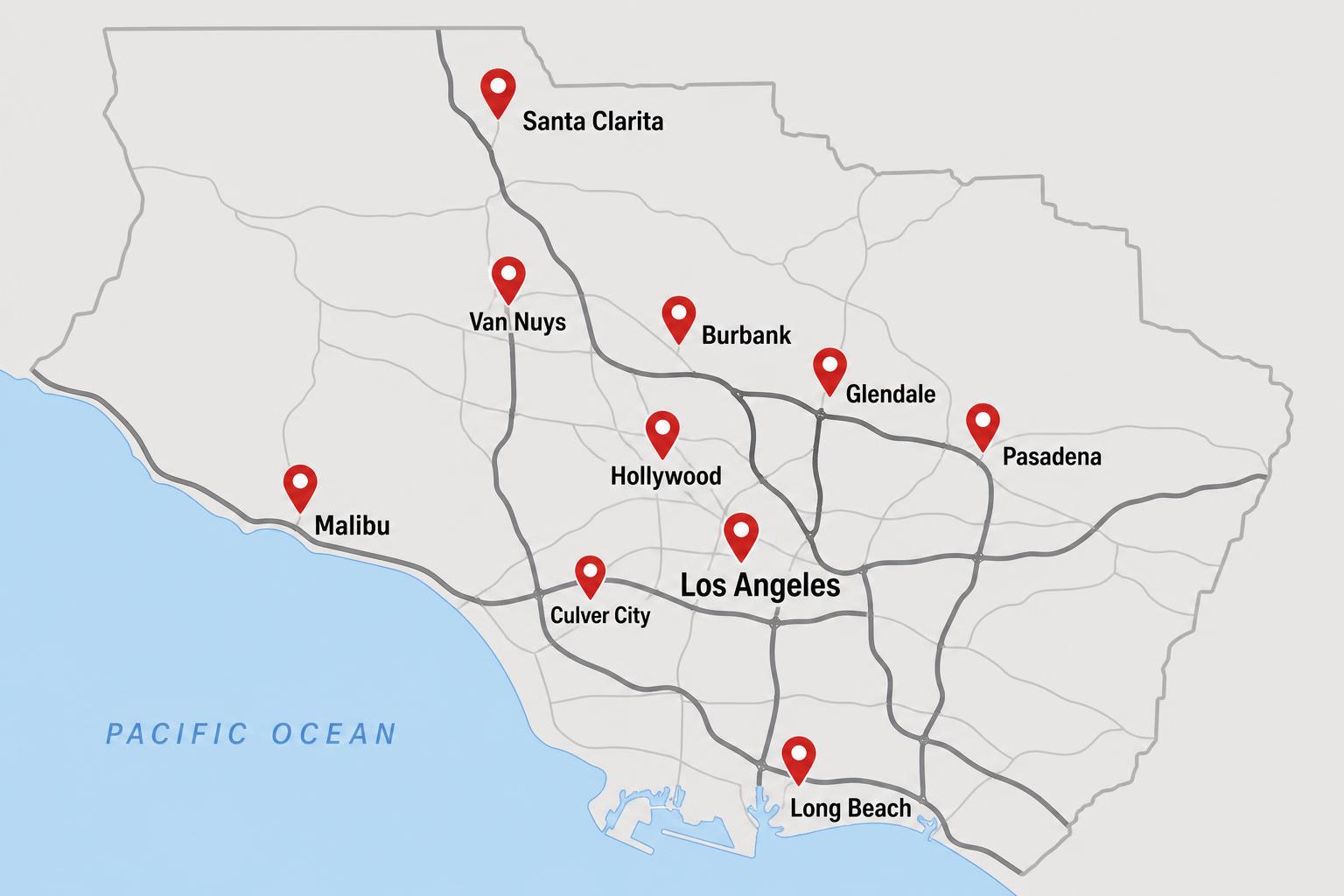 Map showing Los Angeles County service areas including Van Nuys, Hollywood, Glendale, Santa Clarita, Malibu, Culver City, Burbank, Pasadena, and Long Beach